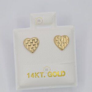 14K Solid Gold Faceted Heart Stud Earrings • 6mm Textured Romantic Design